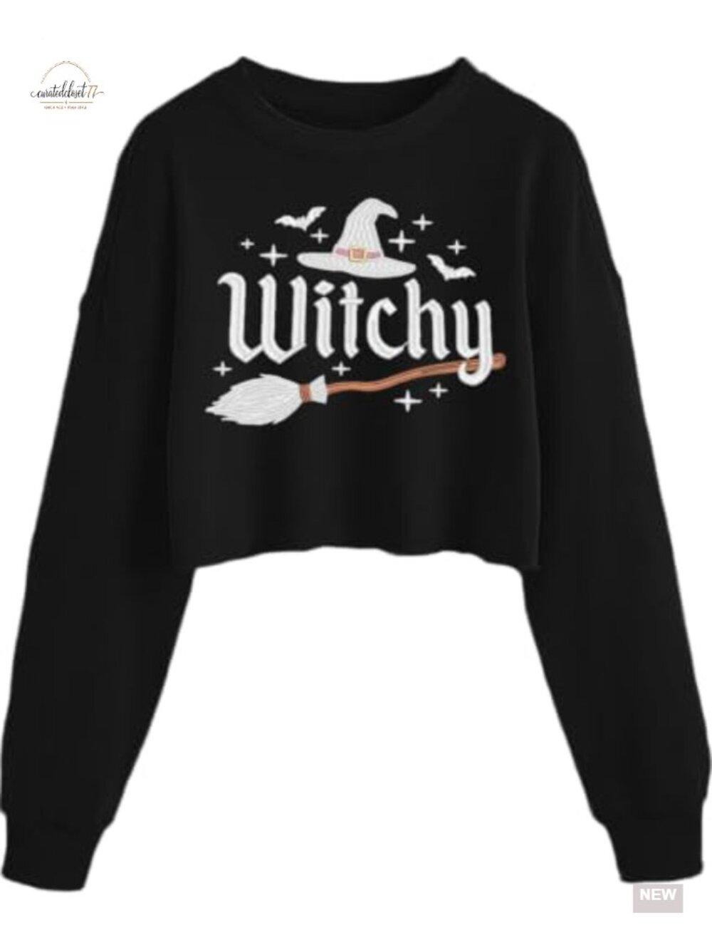 Womens Halloween Embroidered Long Sleeve Crop Top Witchy Pullover Shirt